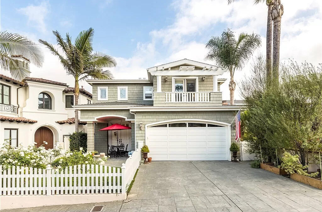 Real estate market featuring a classic California home with multiple palm trees.
