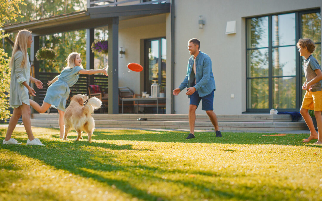 Smiling Beautiful Family of Four Play Fetch flying disc with Happy Golden Retriever Dog on the Backyard Lawn. Idyllic Family Has Fun with Loyal Pedigree Dog Outdoors in Summer House Backyard